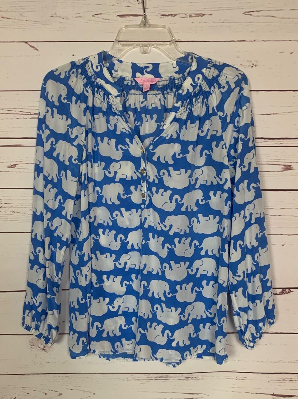 Lilly Pulitzer Women's Small Blue White Elephant Silk Blouse Top Tusk in the Sun